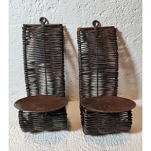 Pair of Metal Basket Weave Wall Sconces Candle Holders 8"